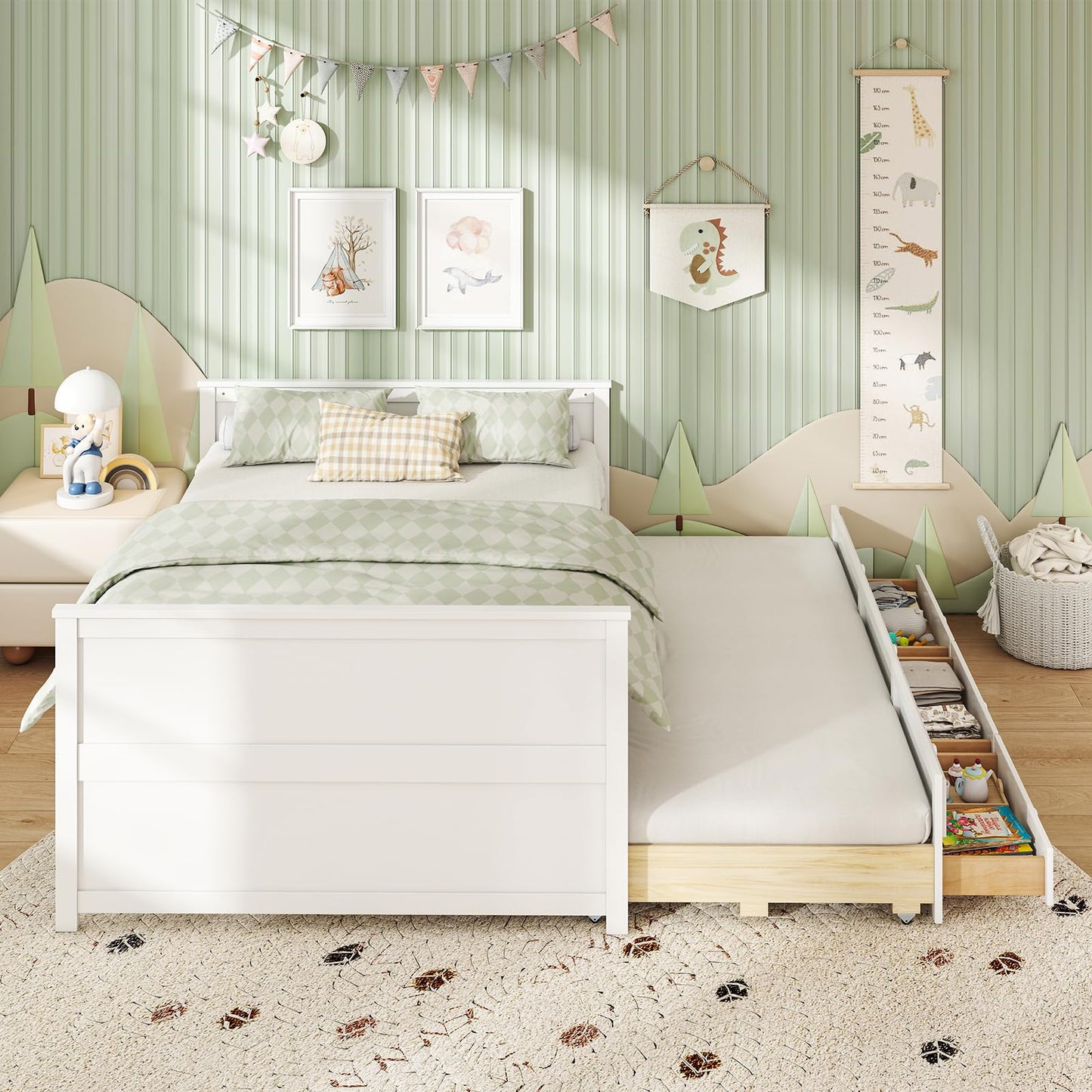 Giantex Full Size Bed Frame with Twin Trundle & 3 Storage Drawers, Modern Platform Bed with Headboard & Footboard, Wooden Slats Support Captain Bed for Teens Adults, No Box Spring Needed, White