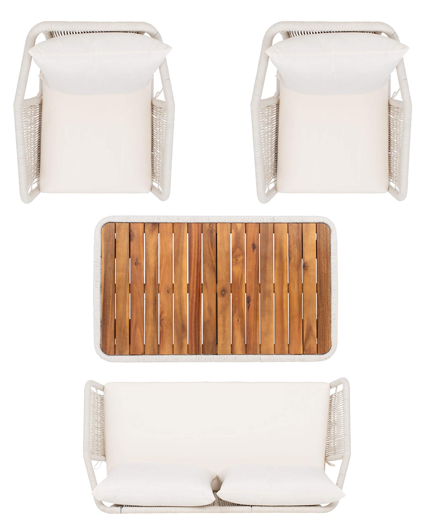 SAFAVIEH Outdoor - Raldin Beige Rope 4-Piece Patio Set, Eucalyptus Wood Conversation Set with Cushions, Outdoor Sofa, Chairs & Coffee Table (PAT7049D)