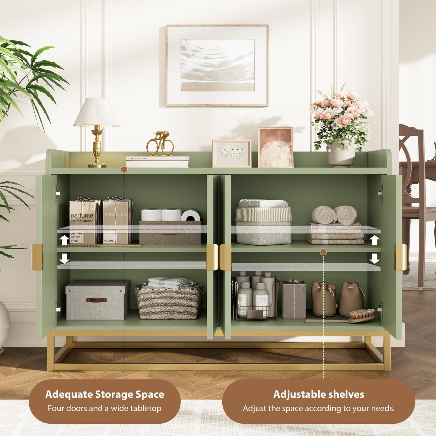 Garvee 47.2" Fluted Sideboard with Storage Cabinet, Modern Kitchen Sideboard with Adjustable Shelves, Media Console Buffet Cabinet with Doors for Living Room, Kitchen, Entryway, Green