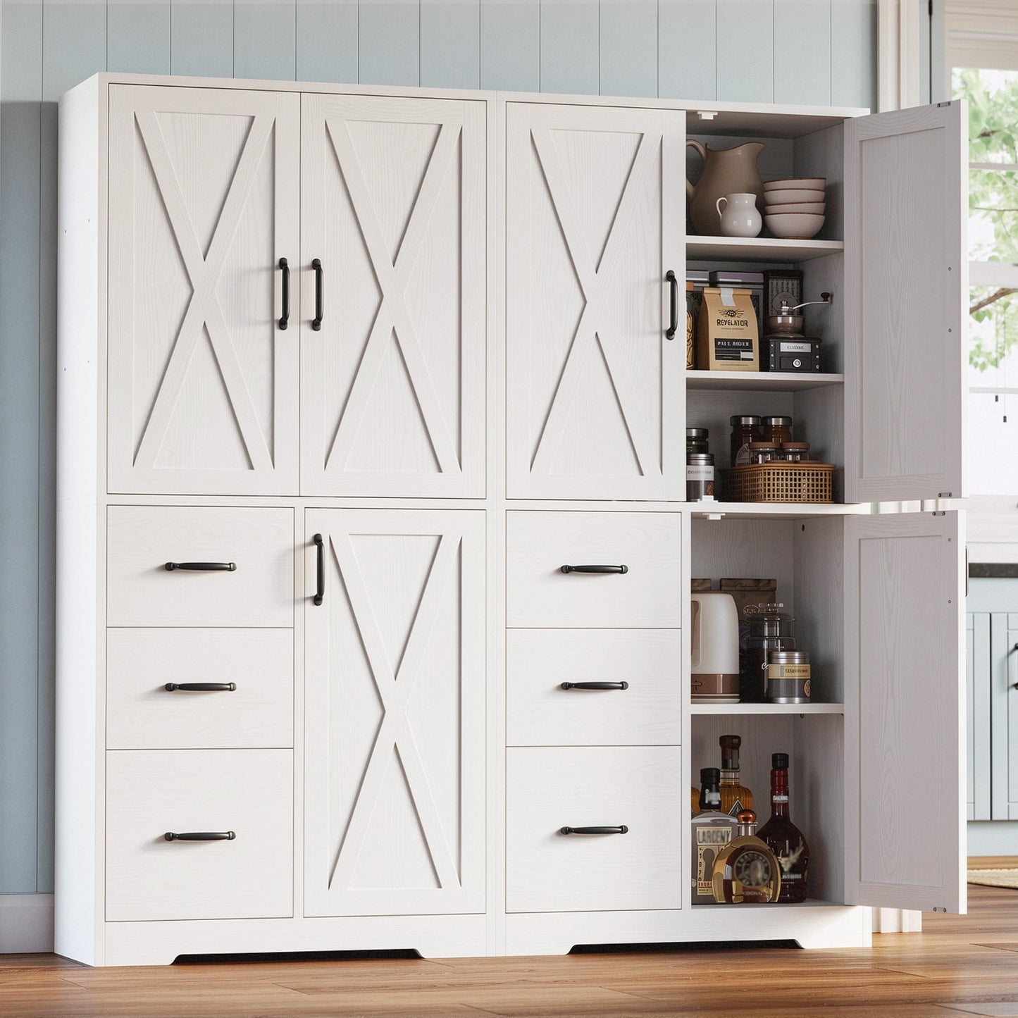 IRONCK Pantry Cabinet, 67.5 inch Tall Storage Cabinet with 3 Doors & Drawers, Farmhouse Kitchen Cabinet with Adjustable Shelves, 5 Tier Freestanding Cupboard for Kitchen, White