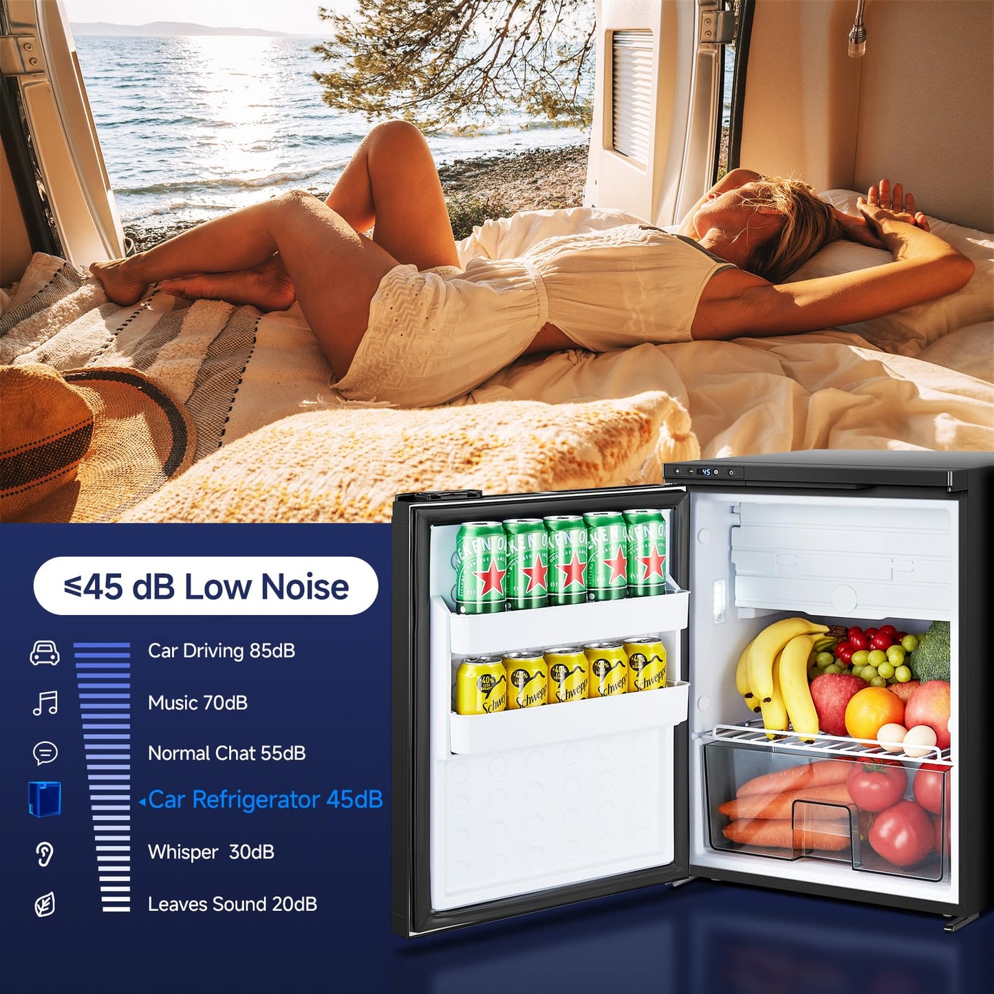BODEGACOOLER 12-Volt Refrigerator, 65L(2.3cu.ft) RV Fridge Freezer with APP Control & Child Lock, Travel Compressor Cooler -4℉-46℉, 12/24V DC for Truck, RV, Camping