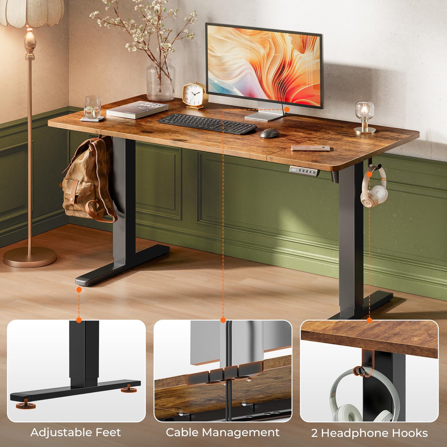 Huuger 55 x 28 Large Electric Standing Desk, Height Adjustable Computer Desk, 27.6" Deep Desktop, Stand up Gaming Office Desk with 2 Hooks, 3 Preset Heights, for Home Office, Rustic Brown
