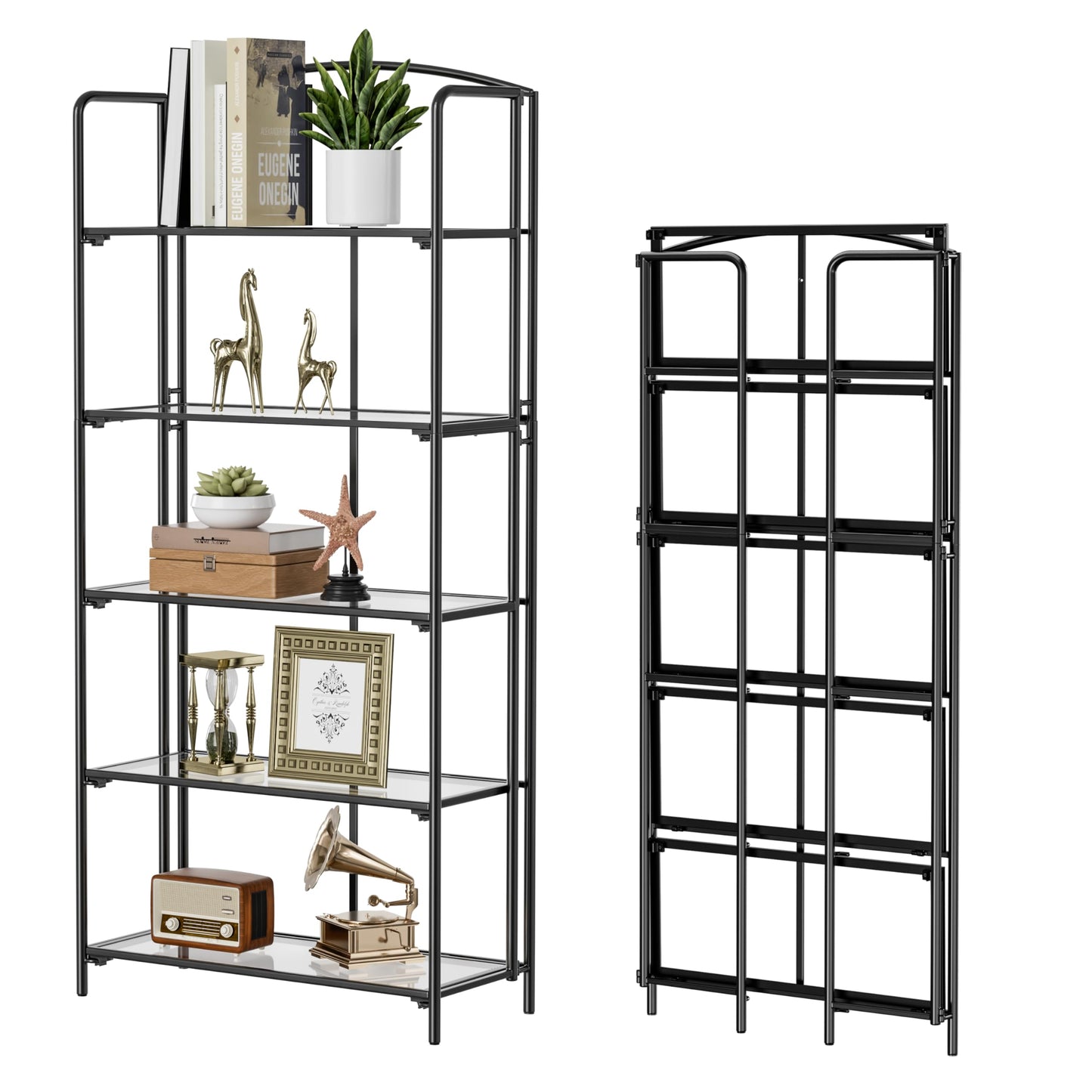 Crofy 5-Tier Wider Foldable Bookshelf, Black Frame & Transparent Shelves