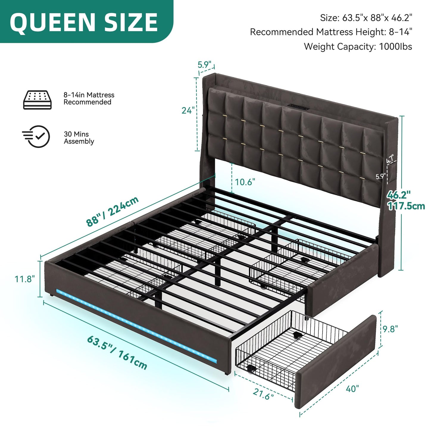 YITAHOME Queen Size Bed Frame with 4 Drawers and RGB LED Lights, Velvet Upholstered Platform Bed with Charging Station and Storage Headboard, No Box Spring Needed, Easy Assembly, Noise-Free, Grey