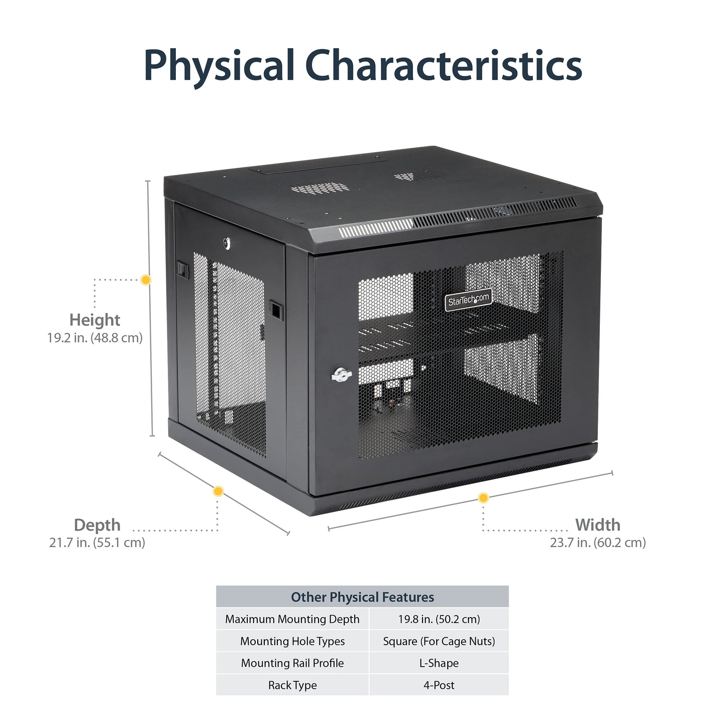 StarTech.com 4-Post 9U Wall Mount Network Cabinet w/ 1U Shelf, 19" Wall-Mounted Server Rack Kit for IT / Data Computer Equipment, Ships Fully Assembled