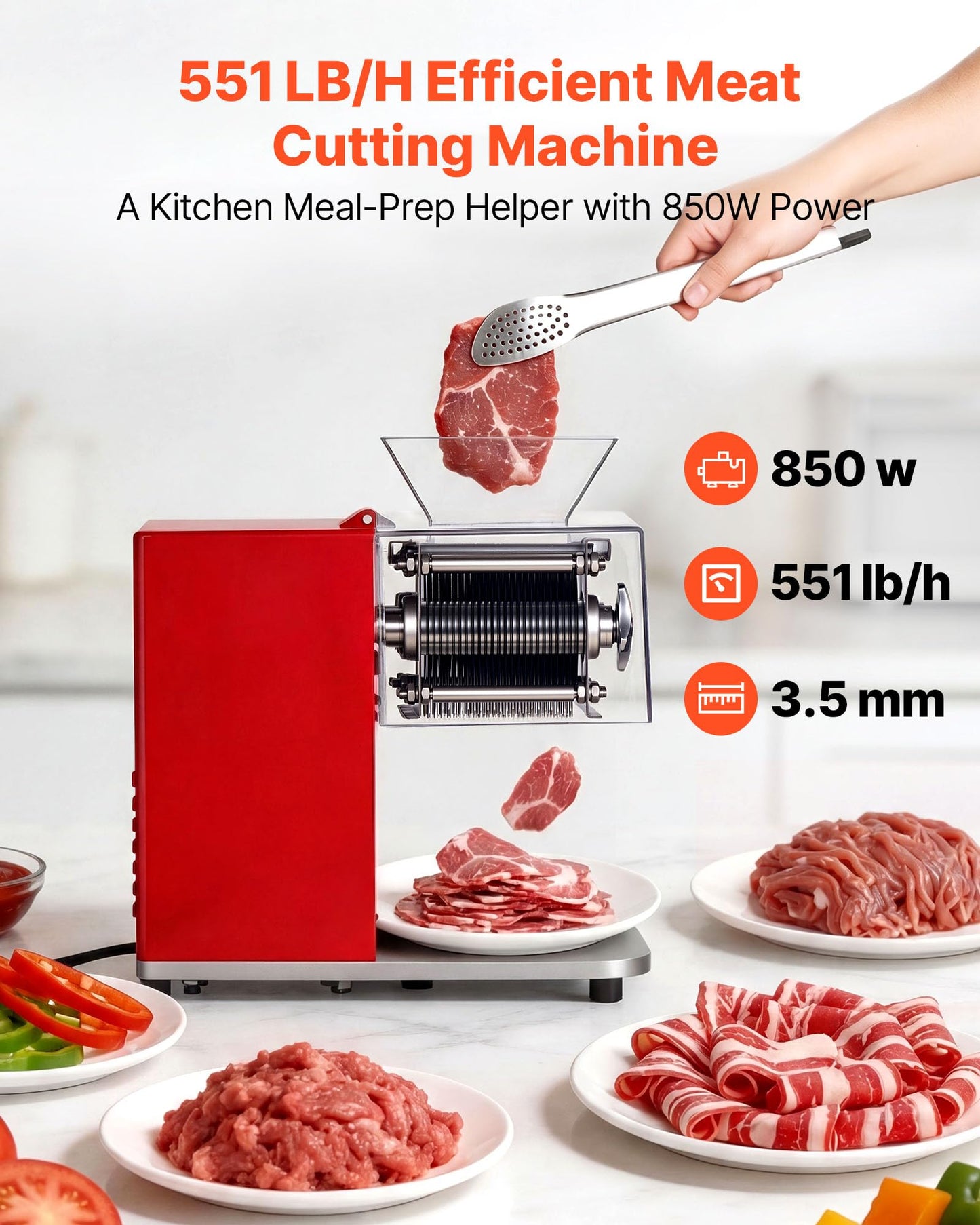 VEVOR Meat Cutting Machine, 850W Commercial Slicer, 3.5mm Heavy Duty Stainless Steel Blade Shredder for Boneless Meat Soft Vegetables, Electric Food Slicers for Kitchen Restaurant Supermarket