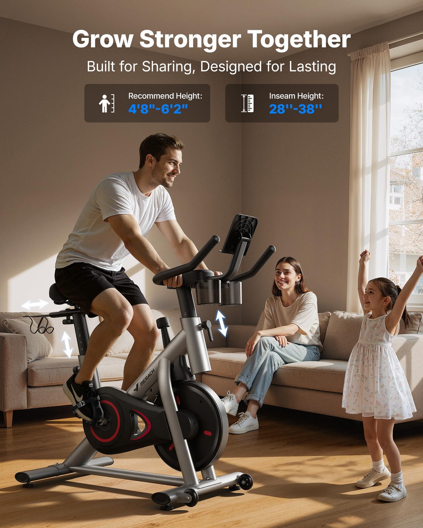 Merach Exercise Bike, Magnetic Friction Stationary Bike with Brake Pad and Exclusive App, Low Noise Indoor Cycling Bike with 300lbs Weight Capacity, Tablet Mount and Fitness Courses for Weight Loss