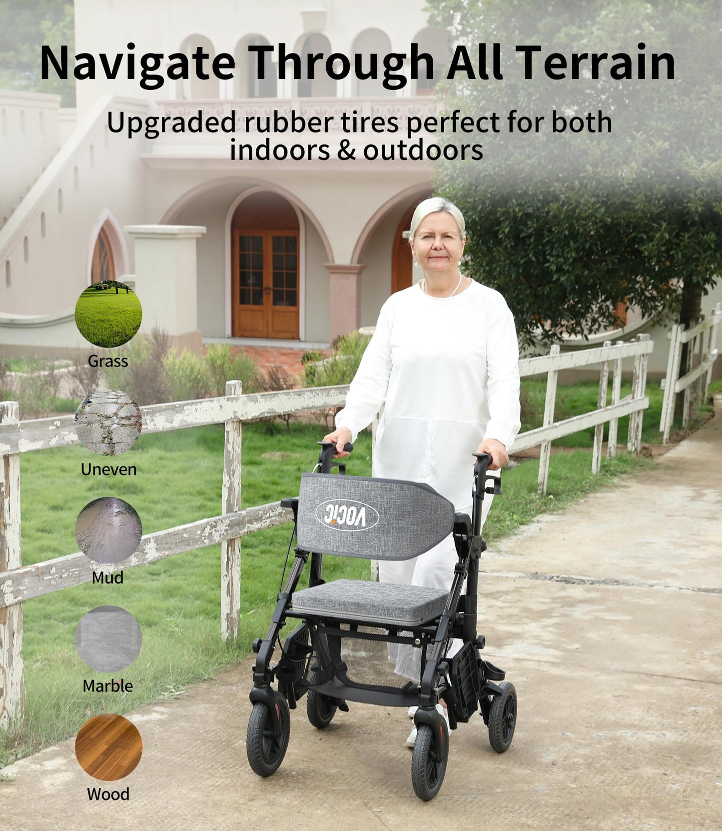 VOCIC Rollator-Walkers-for-Seniors-with-Seat, Walker Wheelchair Combo, Transport-Wheelchair-Lightweight-Foldable, Adult Walkers All Terrain, 2 in 1 Rolling Walker Chair with Brakes & Pouch