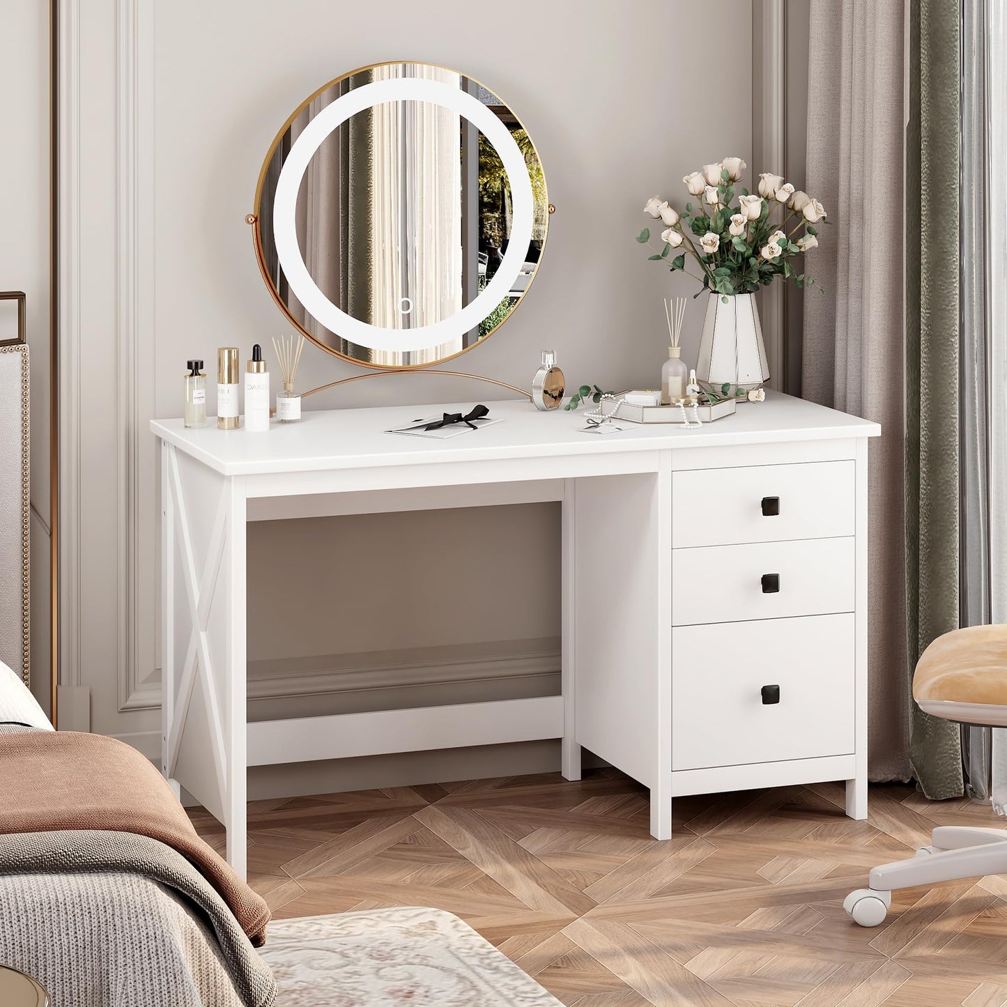 JSB 47.2'' White Computer Desk for Home Office,Farmhouse Executive Desk with 3 File Drawers,Study Writing Table Storage Cabinet,Makeup Vanity Desk for Bedroom (White, 47.2in)