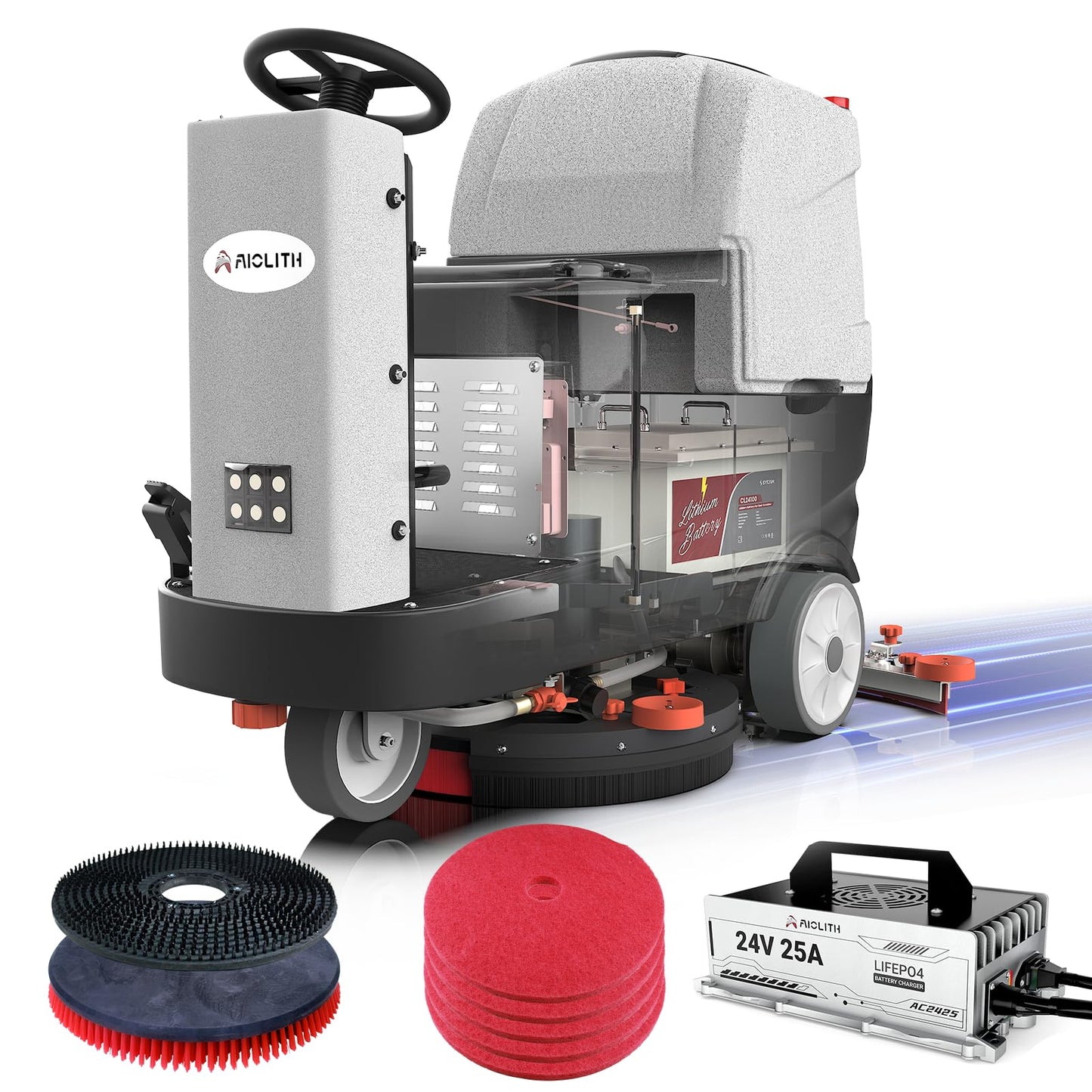 AIOLITH Micro Ride-On Floor Scrubber Dryer Kit, 22" Clean, 25 Gal, up to 55,000 ft²/h, Lithium Battery, Fast Charge, All Parts, Commercial Floor Cleaning for Daily Maintenance in Airport, Mall, School
