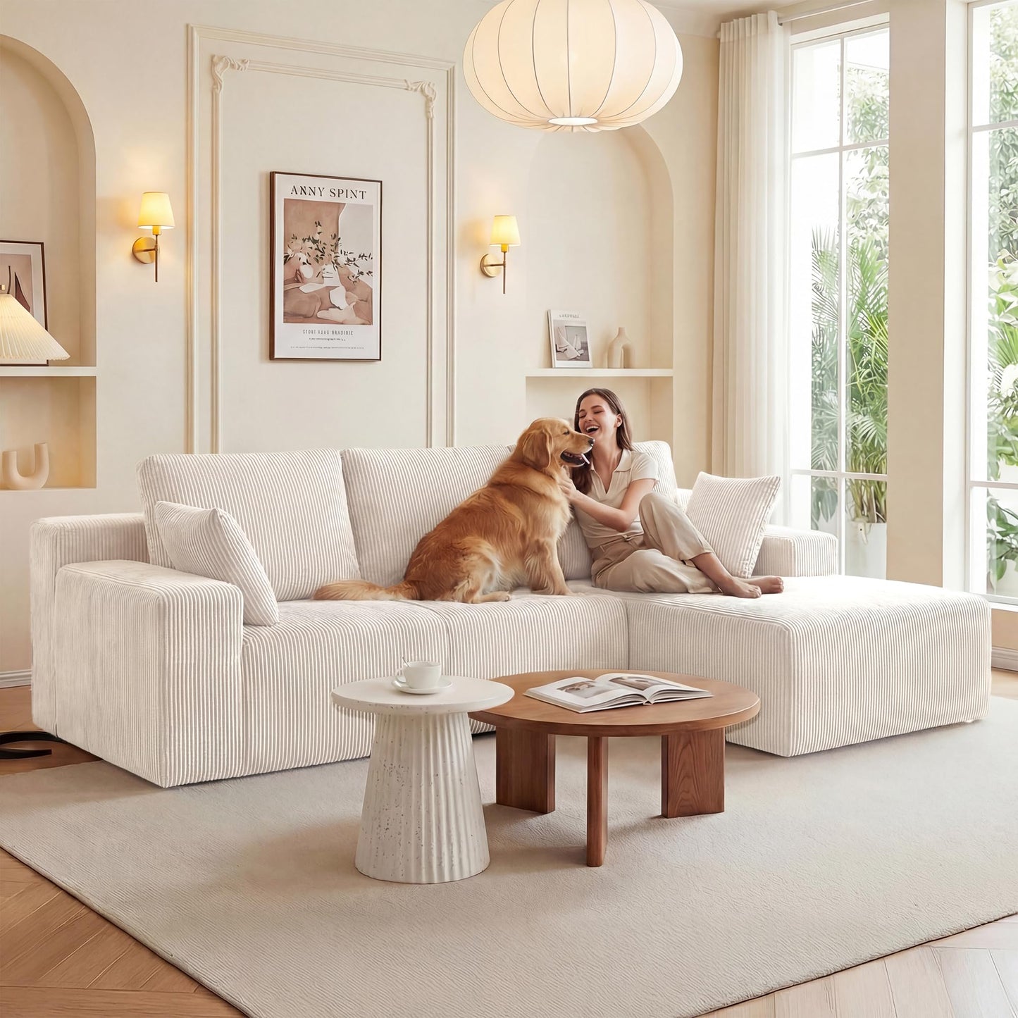 GRUSIGN Cloud Sectional Boneless Couches for Living Room, Modular L Shaped Couch with Deep Seat Oversized Right Facing Chaise, Memory Foam Compressed Spineless 3 Seater Sofa for Apartment, Beige