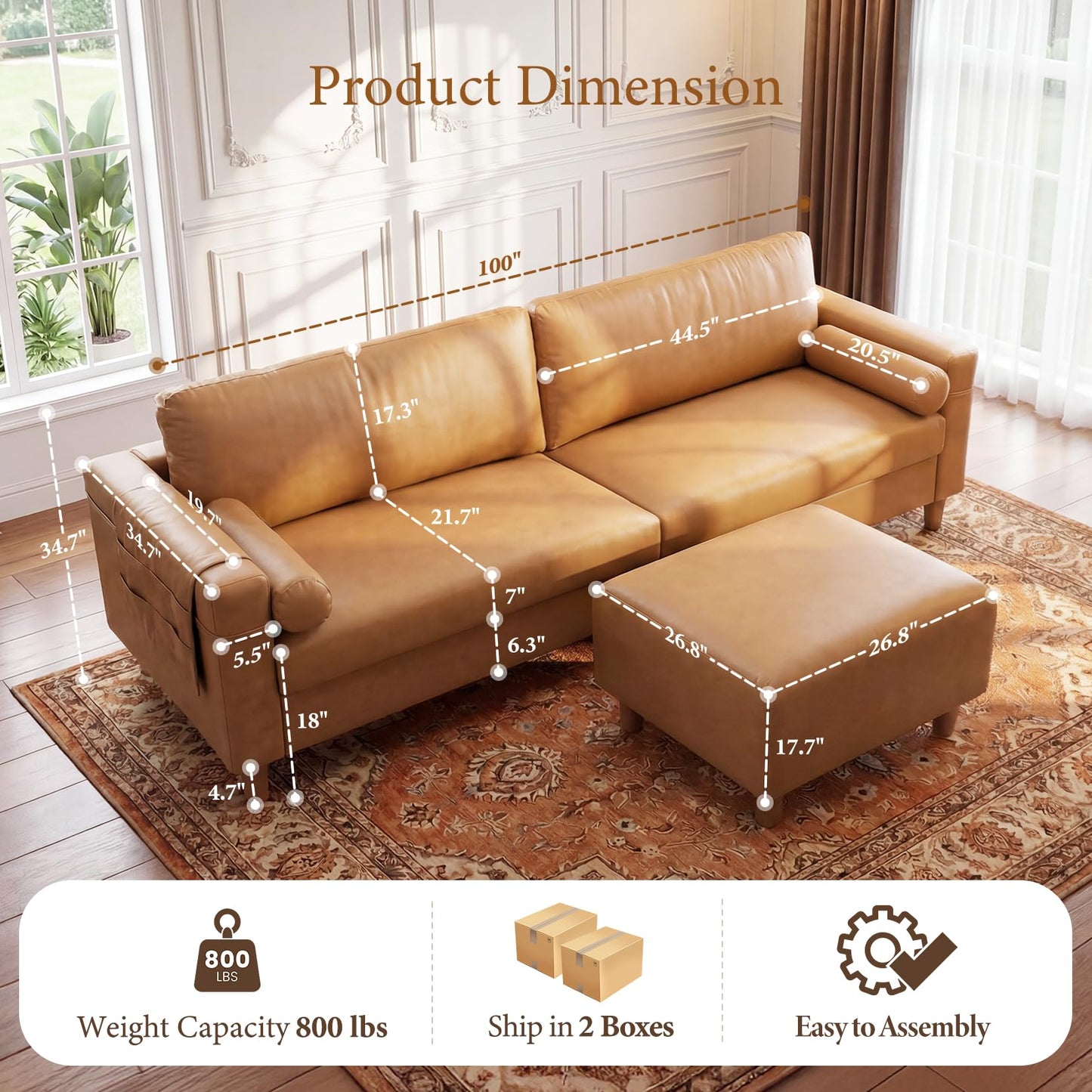 Vesgantti 100" Faux Leather Sofa with Movable Ottoman, L Shaped Wide Seating PU Leather Couch with Side Pocket, Comfy Mid Century Modern Modular Sectional Sofa for Living Room, Apartment, Cognac Tan