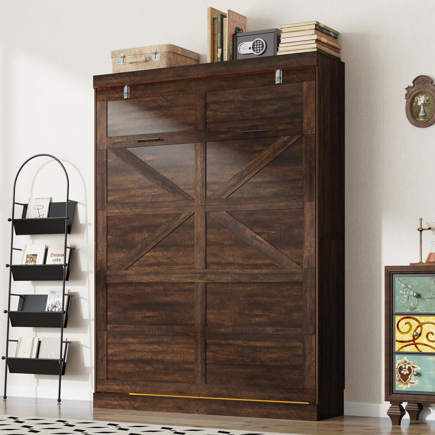 Hlivelood Full Size Murphy Bed with 2 LED Lights, Farmhouse Wood Hidden Foldable Wall Bed Frame w/Gas Struts, Storage Bed Cabinet for Bedroom, Office, Space-Saving, No Box Spring Needed, Brown