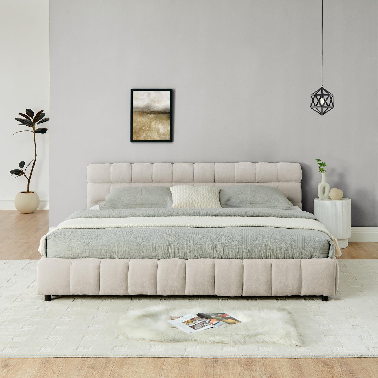 Ball & Cast King Size Upholstered Bed Frame with 4 Drawers and Headboard, Chenille Platform Storage Bedframe, Wooden Slats Support, No Box Spring Needed,Beige
