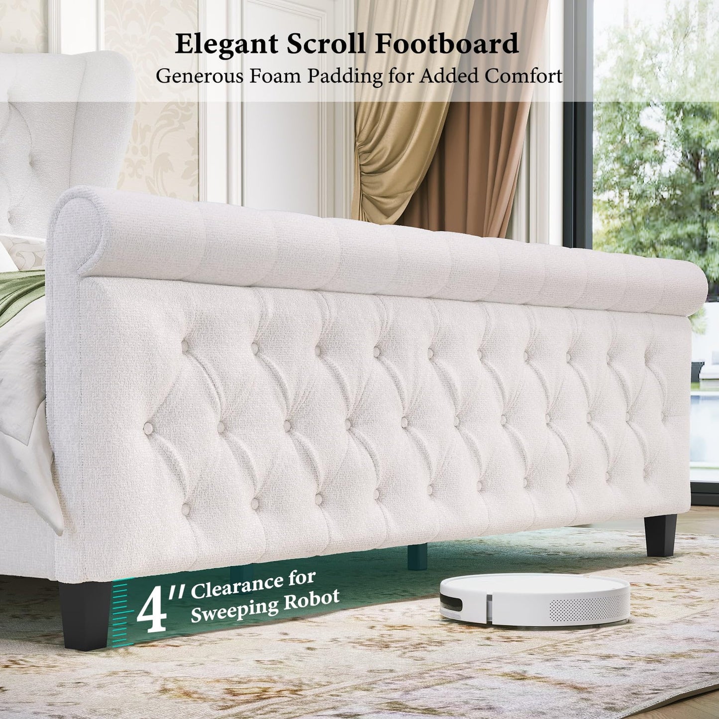 koorlian King Bed Frame,Chenille Upholstered Sleigh Bed with Scroll Wingback Headboard & Footboard,Luxury & Soft Button Tufted Modern King Bed,Easy Assembly,No Box Spring Needed