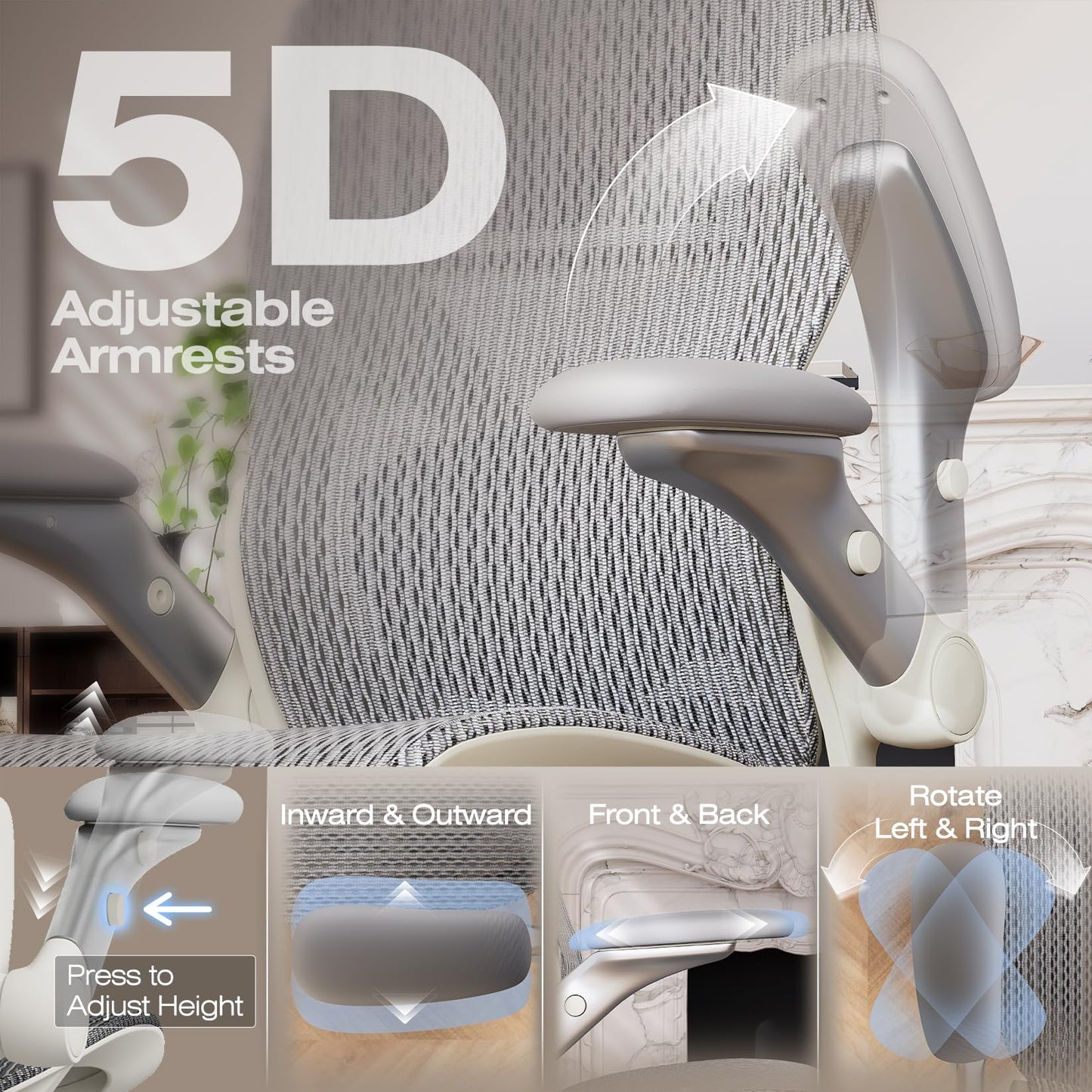ELABEST X100 Ergonomic Mesh Office Chair with Footrest, Big and Tall Home Desk Chair with 5D Flip-Up Arms, Adjustable 3D Lumbar Support, Gaming & Executive Computer Chair, First Light
