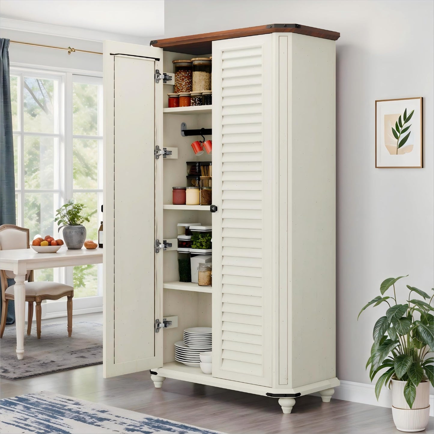 DWVO 4-Tier Storage Cabinet with 2 Shutter Doors, Farmhouse Kitchen Pantry Cabinet with Adjustable Shelves, Wooden Cabinet for Kitchen, Dining Room, Living Room, Office, Rustic White