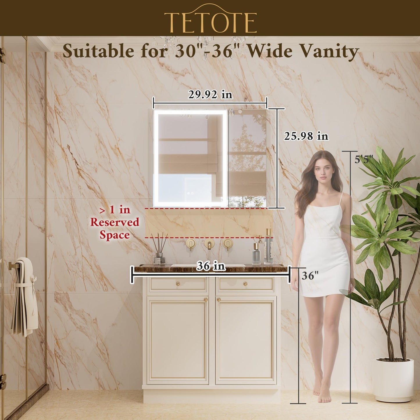 TETOTE 30 x 26 LED Lighted Medicine Cabinet with Mirror with Adjustable Shelves, Silver Aluminum Cabinet, Anti-Fog Stepless Dimmable 3 Colors White/Warm/Natural, Easy to Install(Wall Mount/Recessed)