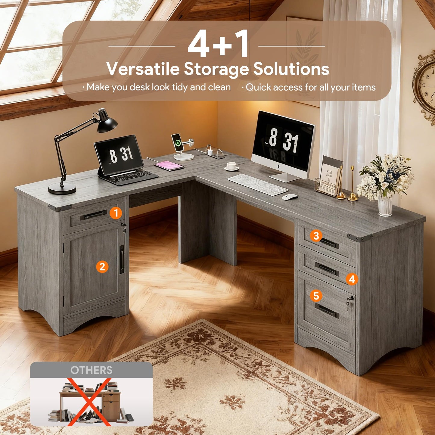 Decofy 67" Farmhouse L Shaped Standing Desk with Drawers Home Office Executive Desks with Fast Charging Station, Lockable File Cabinet, Wood Writing Computer Desk for Work, Study, Grey