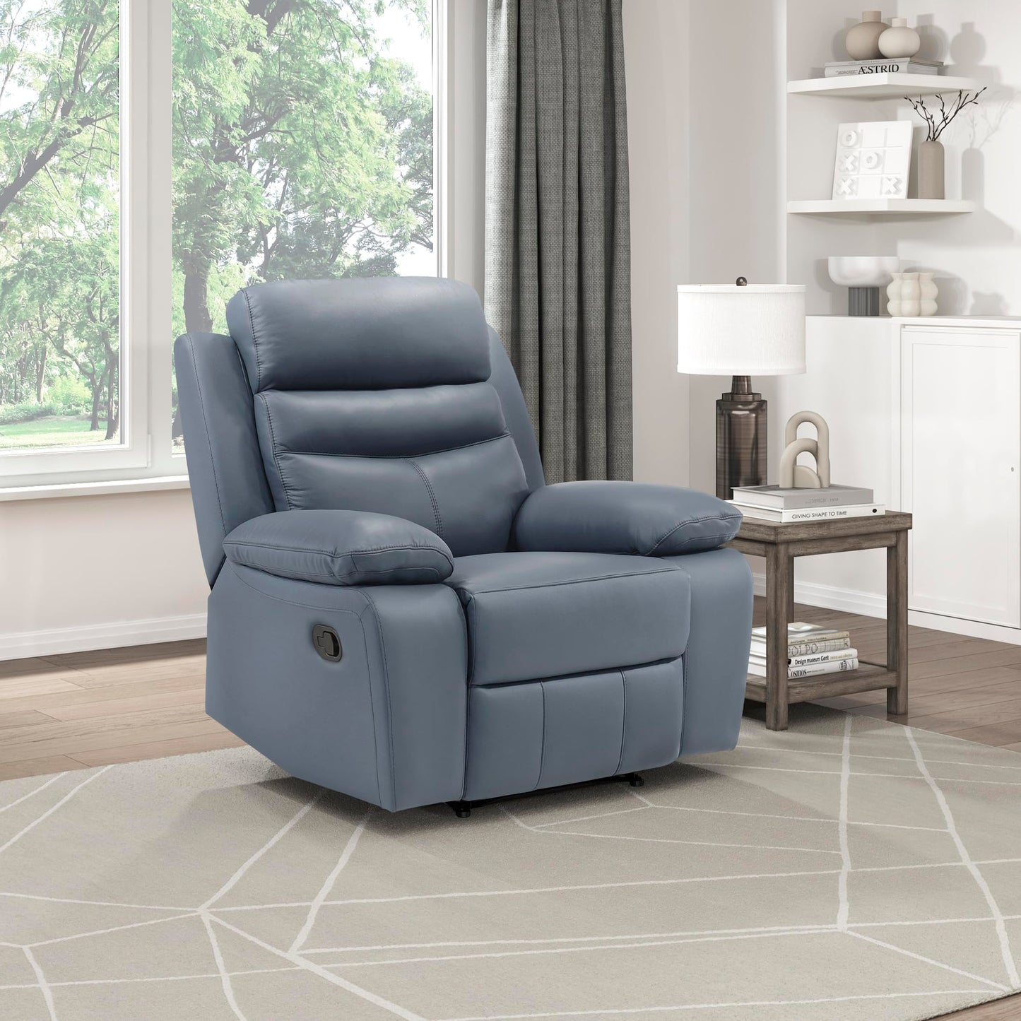 Lexicon 41" W Manual Reclining Chair, Top Grain Leather Match Recliner, Home Theater Seating, Wall Hugger Recliner, Manual Reclining Sofa Chair for Living Room/Office/Apartment, Blue