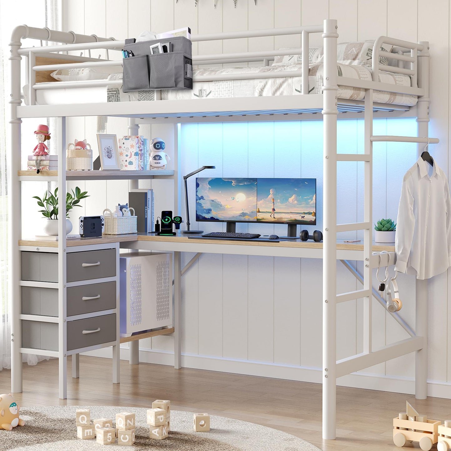 Jocoevol Twin Size Loft Bed with L-Shaped Desk, LED Lights,Charging Station, Industrial Heavy Duty Metal Loft Bed Frame with 3 Storage Shelves and 3 Fabric Drawers, Safety Guard & Ladder, White