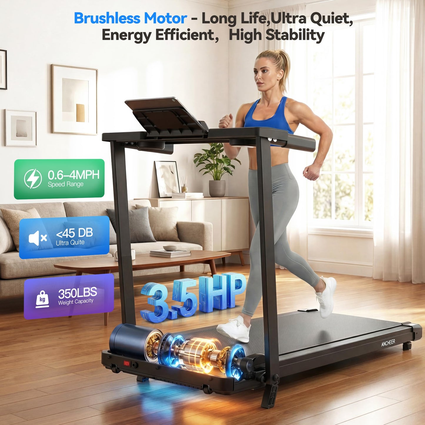 FUNMILY Incline Walking Pad Treadmill with Handle Bar, Folding Treadmills for Home Small, 3.5HP Portable Treadmill with Desk, 350 lbs Weight Capacity, Walking Pad with Remote Control and LED Display