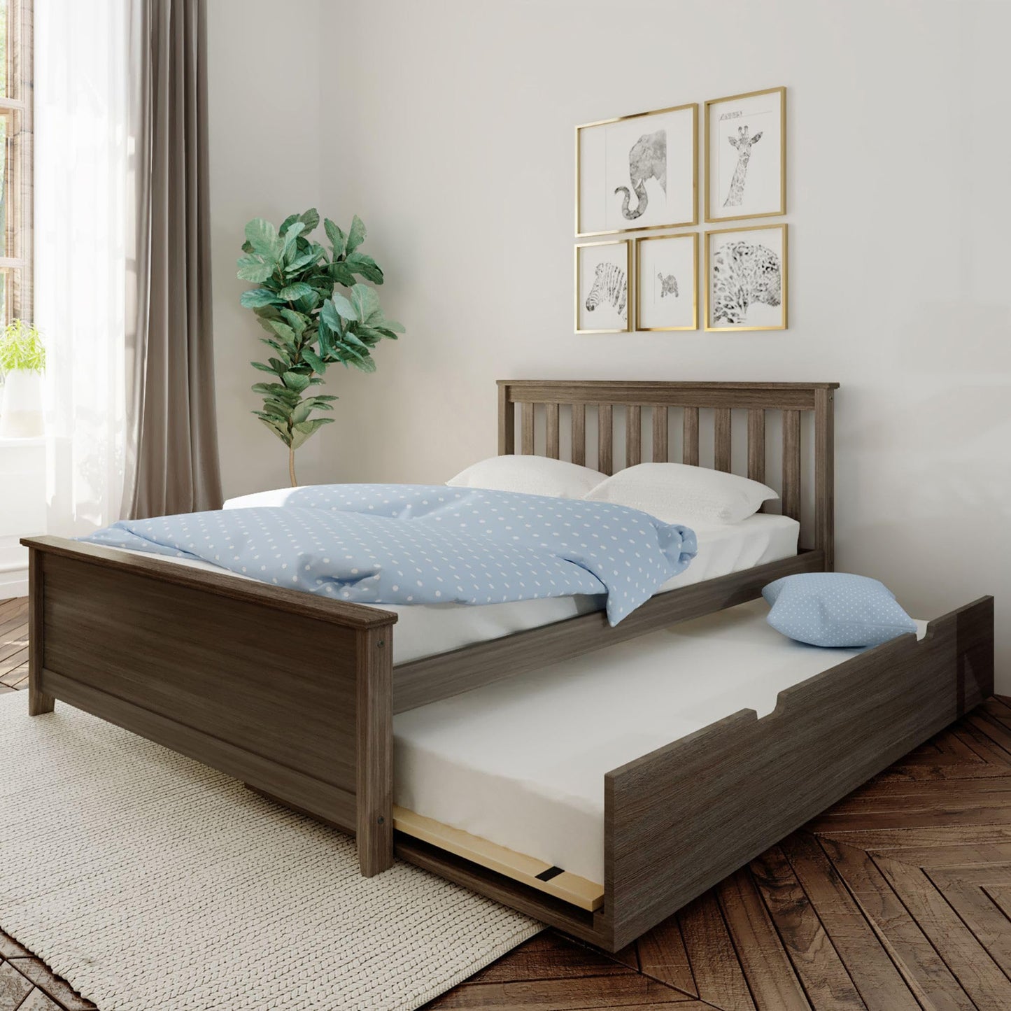 Max & Lily Full Bed, Wood Bed Frame with Headboard For Kids with Trundle, Slatted, Clay