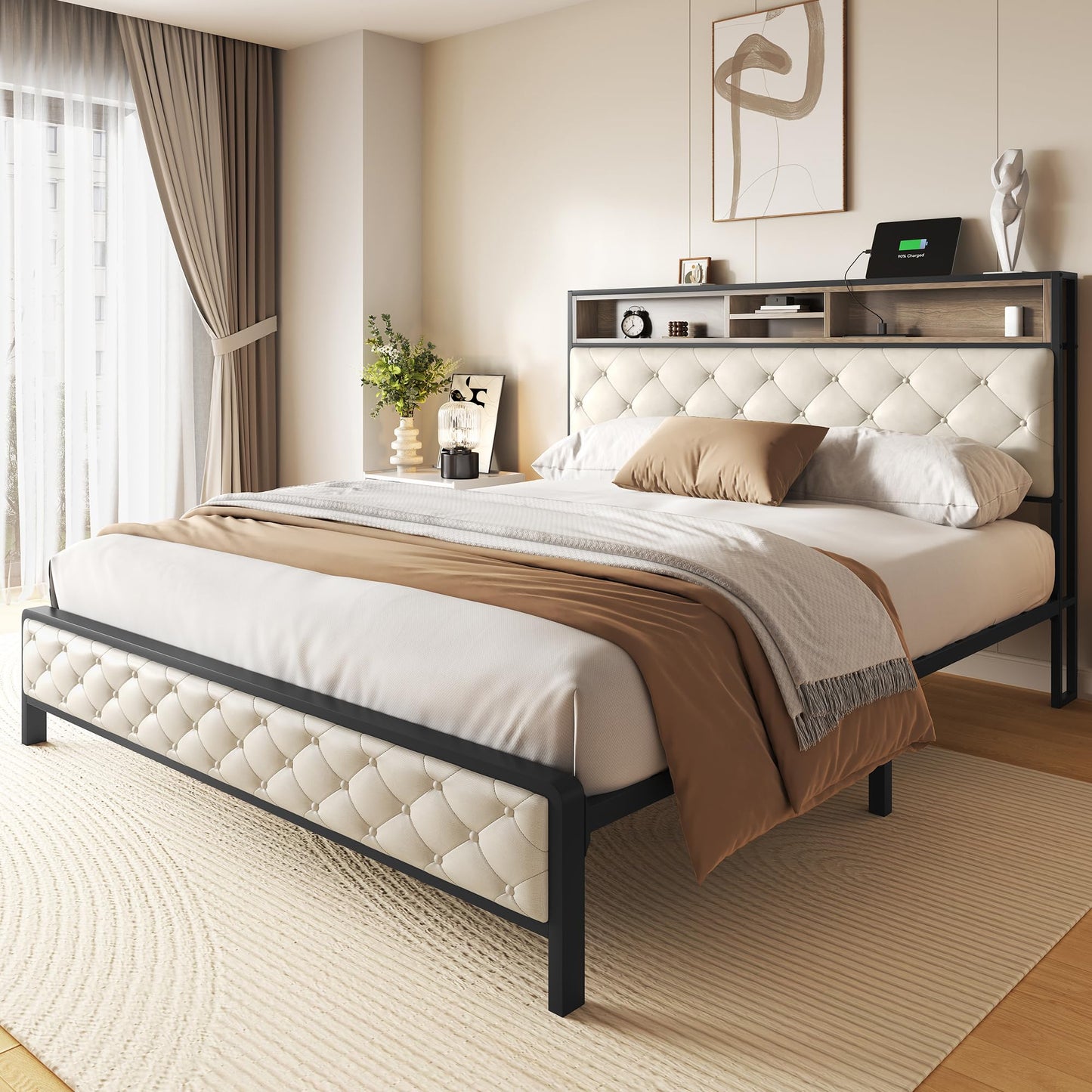 YITAHOME Queen Size Platform Bed Frame with 45.2'' Tall Headboard, Upholstered Storage Headboard with Charging Station, Large Under Bed Storage, No Box Spring Needed, Easy Assembly, Beige