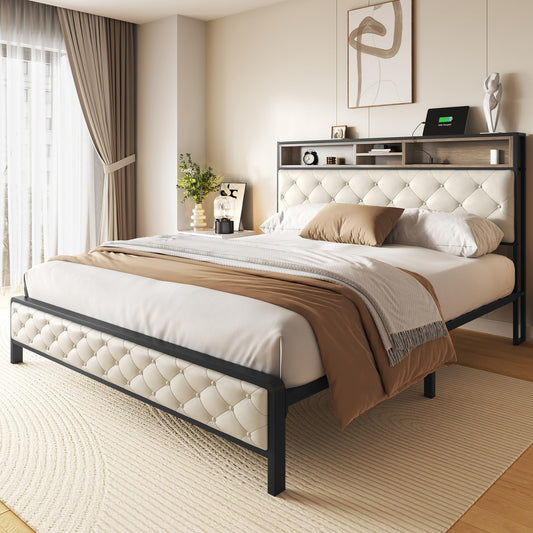 YITAHOME Queen Size Platform Bed Frame with 45.2'' Tall Headboard, Upholstered Storage Headboard with Charging Station, Large Under Bed Storage, No Box Spring Needed, Easy Assembly, Beige