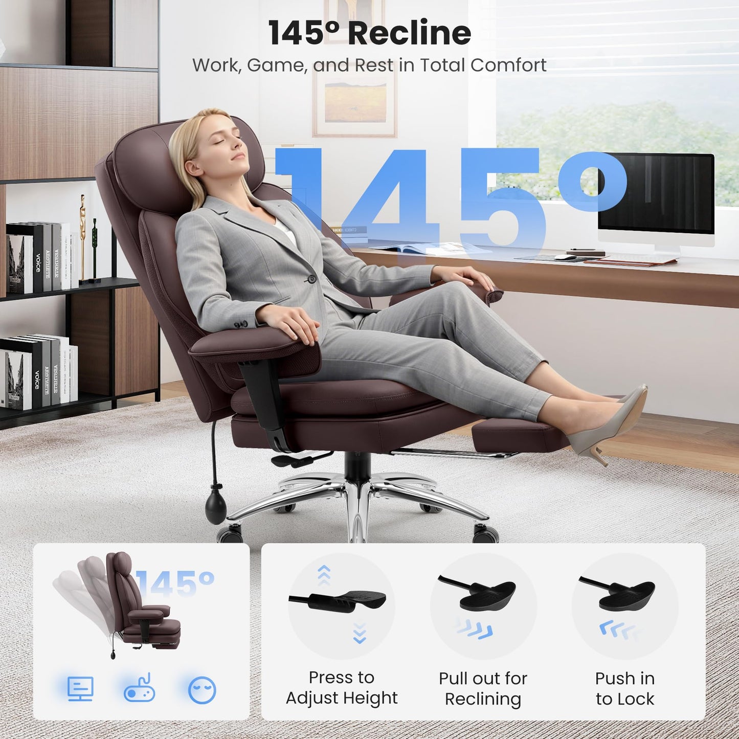 BestGlory Office Desk Chair with Inflatable Lumbar Support, Ergonomic Office Chair [Upgraded Double-Layer Cushion & Footrest], 400 LBS Big and Tall Computer Desk Chair for Home Office Gaming, Coffee