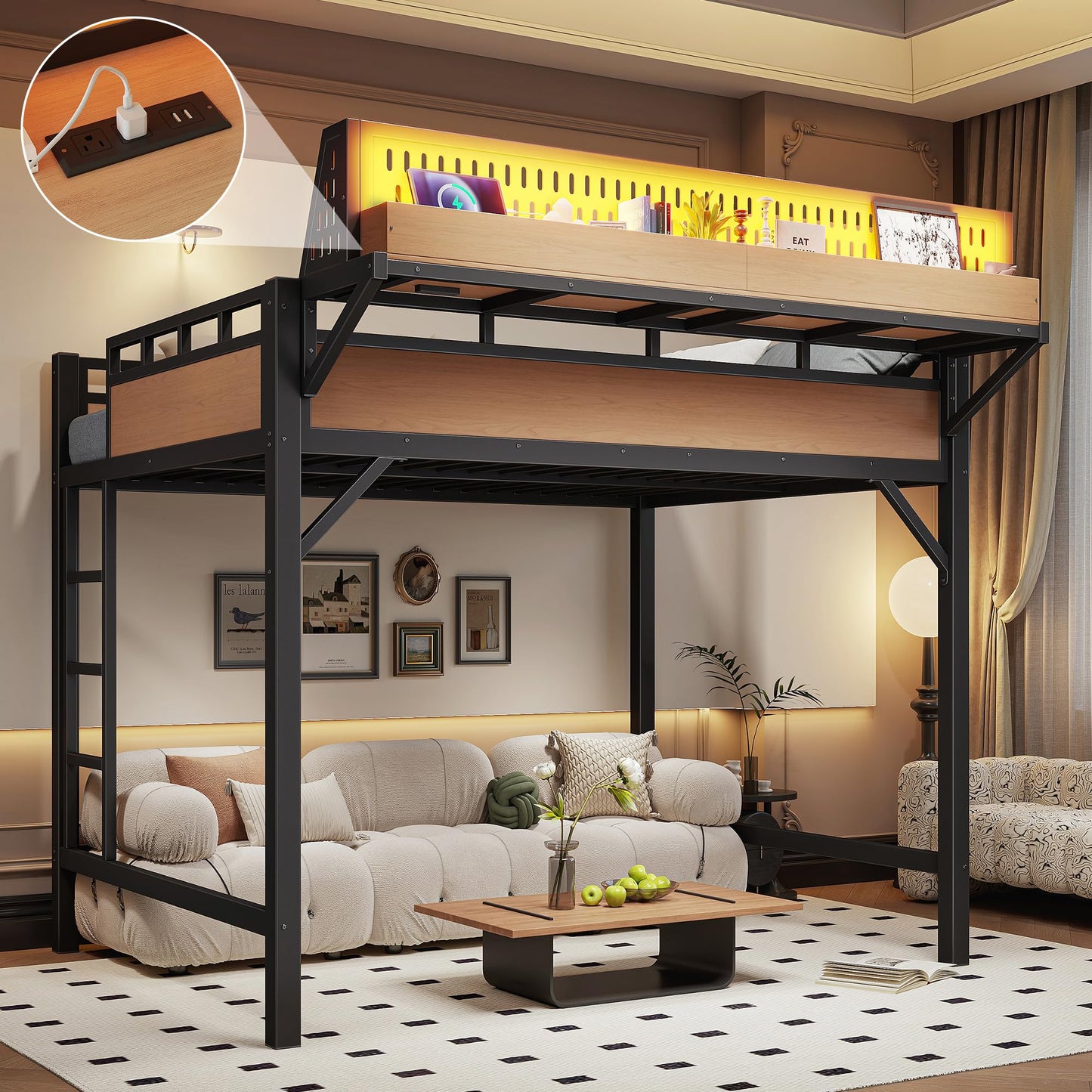 KEIKI Full Size Loft Bed Frame with Storage Shelves & Pegboard, Heavy Duty Metal Loft Bed with USB Ports and LED Lights for Teens Adults Guest Rooms Apartments Study Spaces & Modern Bedrooms