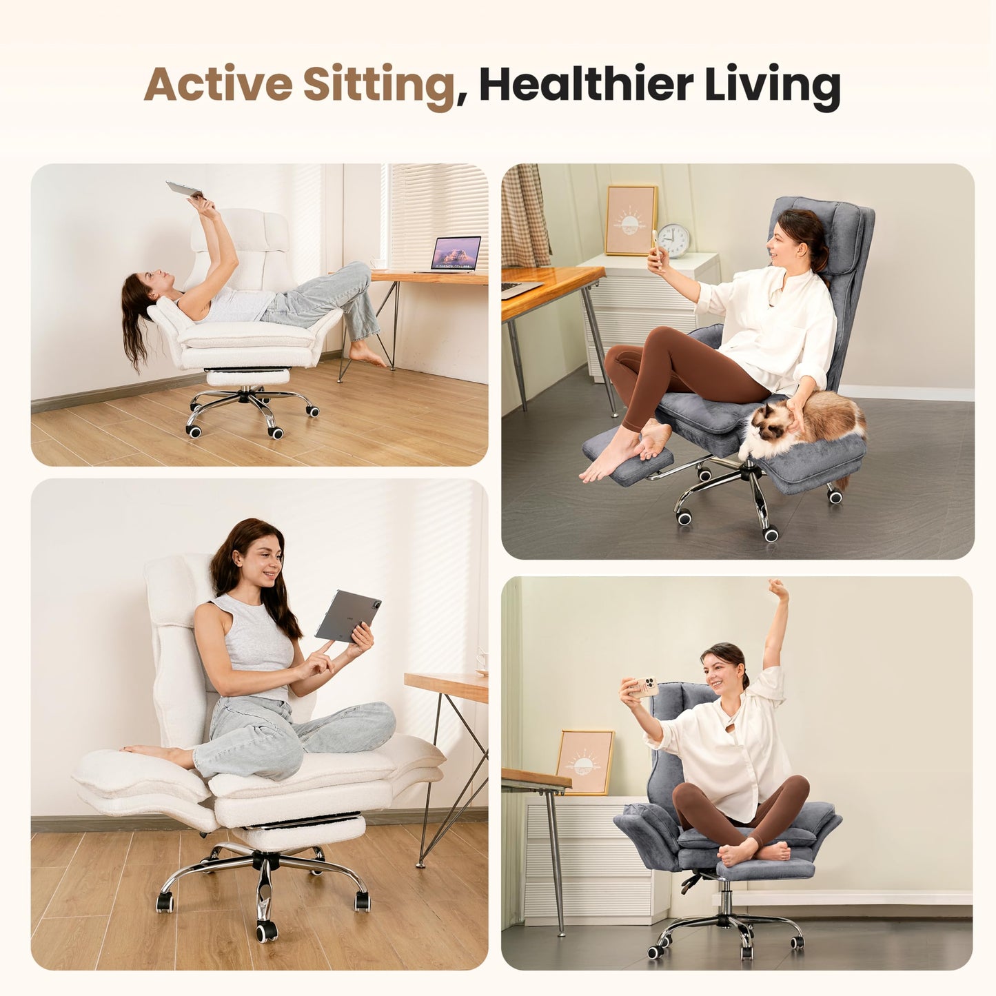 Big and Tall Office Chair, Flip Armrests for Pets & Cross Legged Sitting, Executive Ergonomic Computer Gaming Chair with Foot Rest, Teddy Fleece Wide Seat Reclining Desk Chair, White Vanity Chair