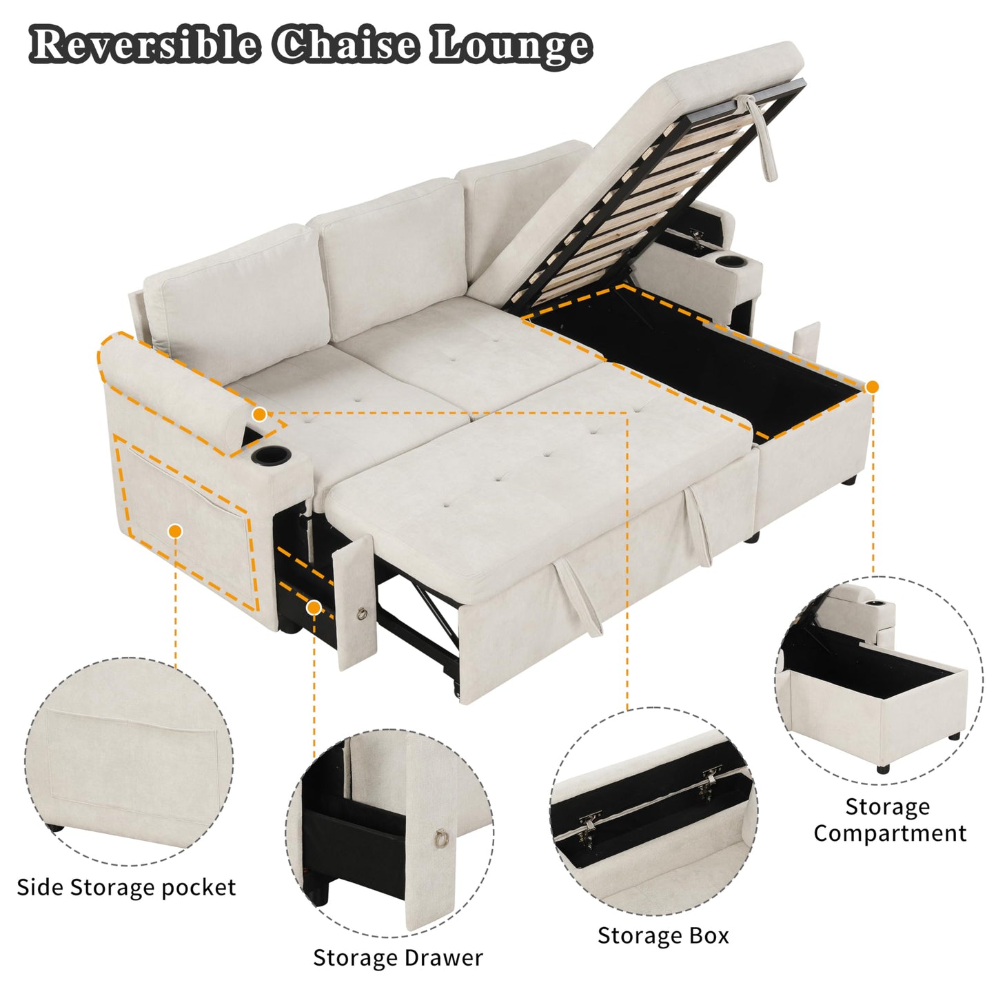 Eafurn 83.5" Sleeper Sectional Sofa with Pull Out Couch Bed, Convertible L-Shaped Sofa with Storage Chaise, Quick Assemble Sleeper Corner Sofa with Cup Holders & USB Ports