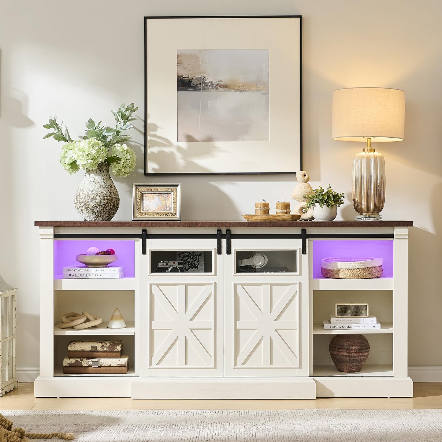 Unineo Fireplace TV Stand for up to 80 Inch TVs, 32’’ Tall LED Entertainment Center with Electric Fireplace, Farmhouse TV Console Table w/Sliding Barn Door & Window for Living Room, Antique White