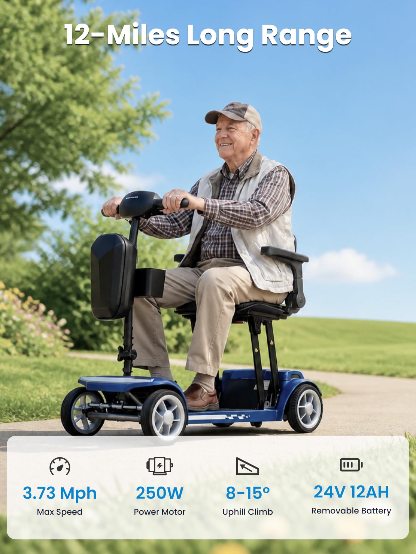 Cyseekin Mobility Scooters for Seniors & Adults, Airline Approved 42 lb Lightweight 4-Wheel Foldable Mobility Scooter, 300 lb Capacity, Removable 12Ah Lithium Battery, Anti-Tip Wheels, Trunk Portable