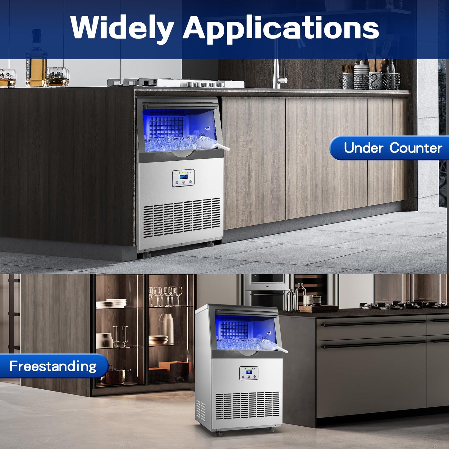 Amzgachfktch Commercial Ice Maker, 110lbs/24H Ice Maker Machine w/ 25 lbs Storage, 45 Ice Cubes in 12 Mins, Auto Self-Cleaning, Blue Light, Under Counter/Freestanding Ice Machine for Home Bar