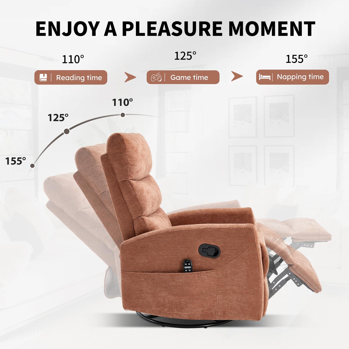 GDFStudio Heat Massage Manual Recliner Chair with Rocking and 360° Swivel, Chenille Fabric Recliner Chair with Lumbar Heat, 8-Point Vibration Massage, 155° Reclining Chair for Living Room, Orange