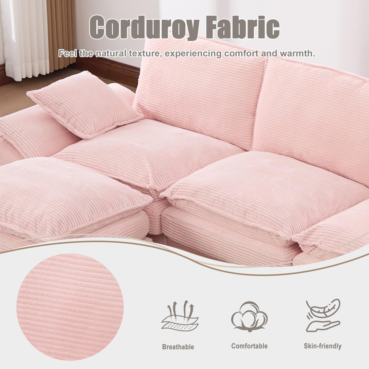 102" Oversized Cloud Modular Sectional Sofa with Movable Ottoman, Free Combination Convertible L Shaped Corner Couch Sets,Comfy Corduroy Upholstered Pink Sofa & Couch for Living Room