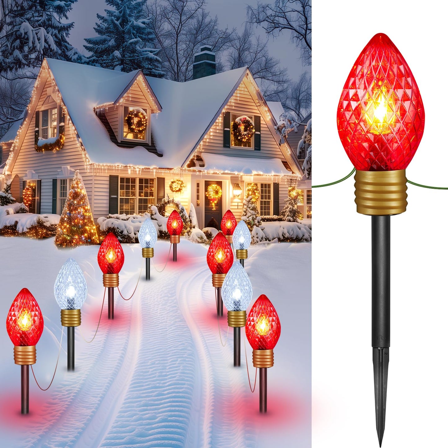 Minetom Jumbo C9 Christmas Pathway Lights - 2 Pack, 10.5 Feet, Multicolor C7 Bulbs, Red & Cool White