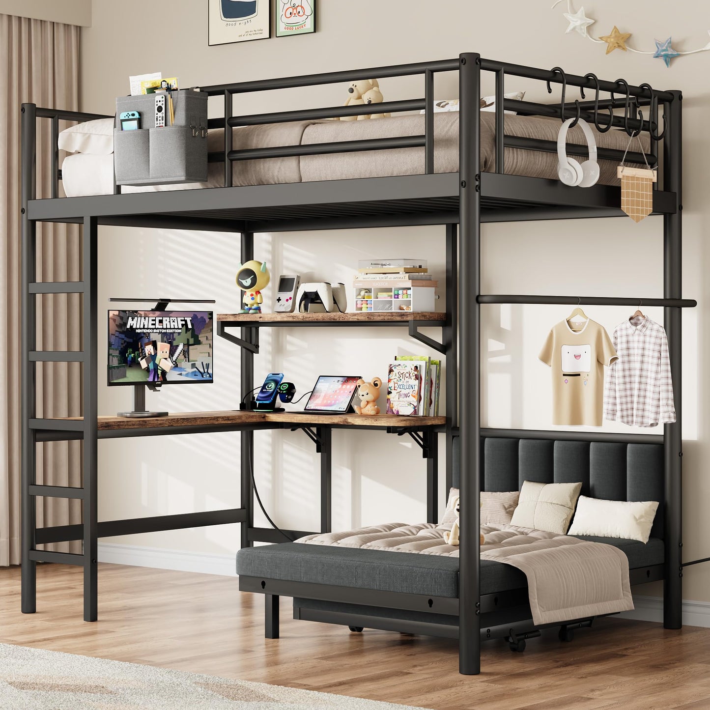 Jocoevol Twin Loft Bed with Mattress, Dual-Access Bed, Pull-Out Folding Bed & L-Shaped Desk, Heavy Duty Metal Bunk Bed Frame with Safety Guardrails, Charging Station & Adjustable Shelves (Dark Black)