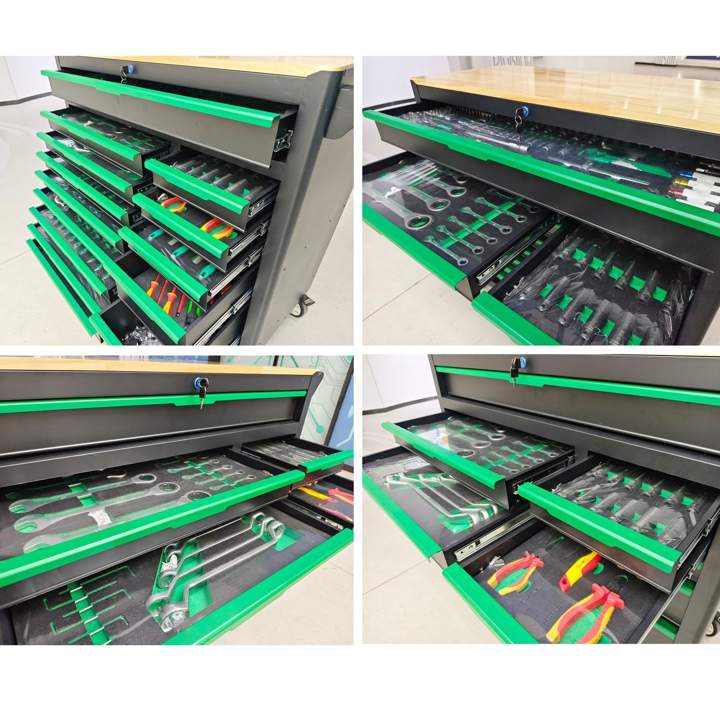 Griplier 14-Drawers Rolling Tool Chest with Wood Workbench,Brake Casters,Lock & Key,Heavy-Duty Steel Tool Cabinet Storage, for Home,Garbge or Workshop Use (14 Drawer + 348 Pieces Tools)
