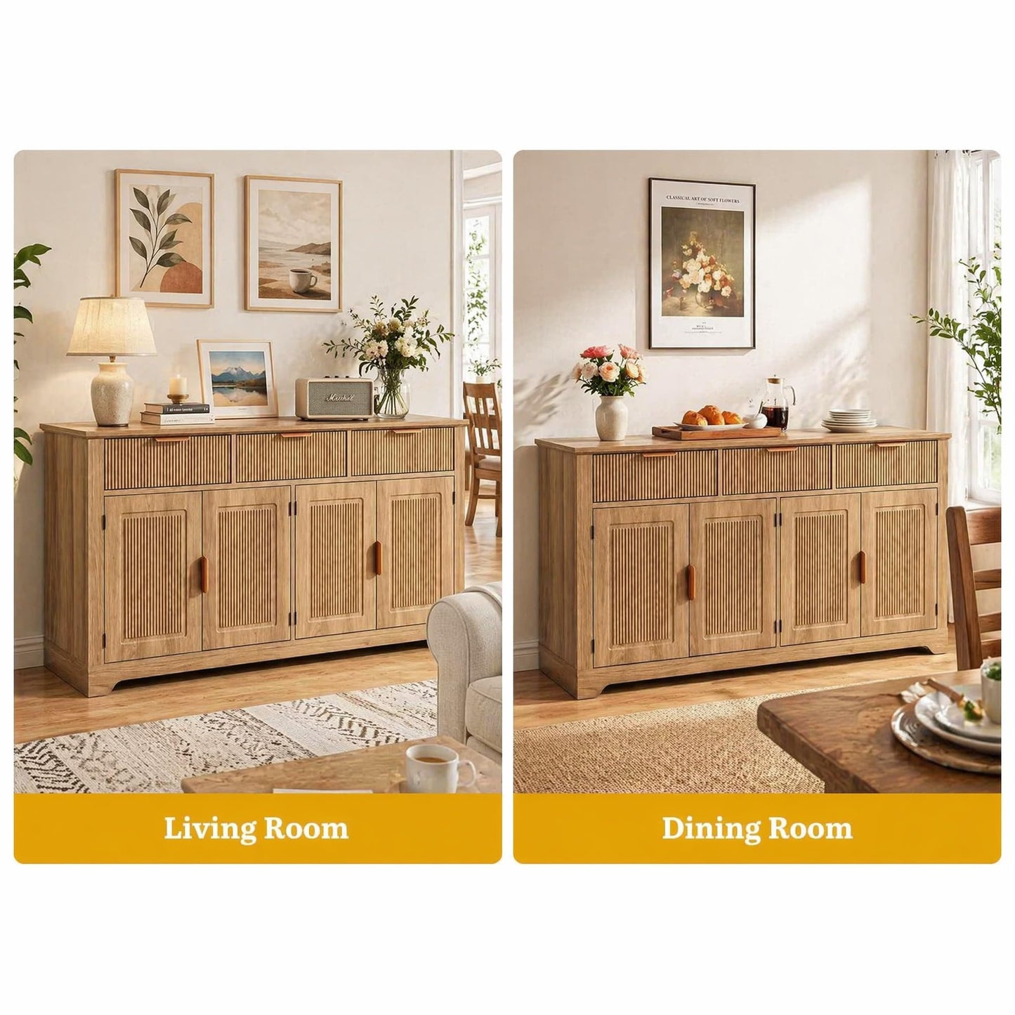 DWVO 59" Fluted Buffet Cabinet with Storage Natural Oak