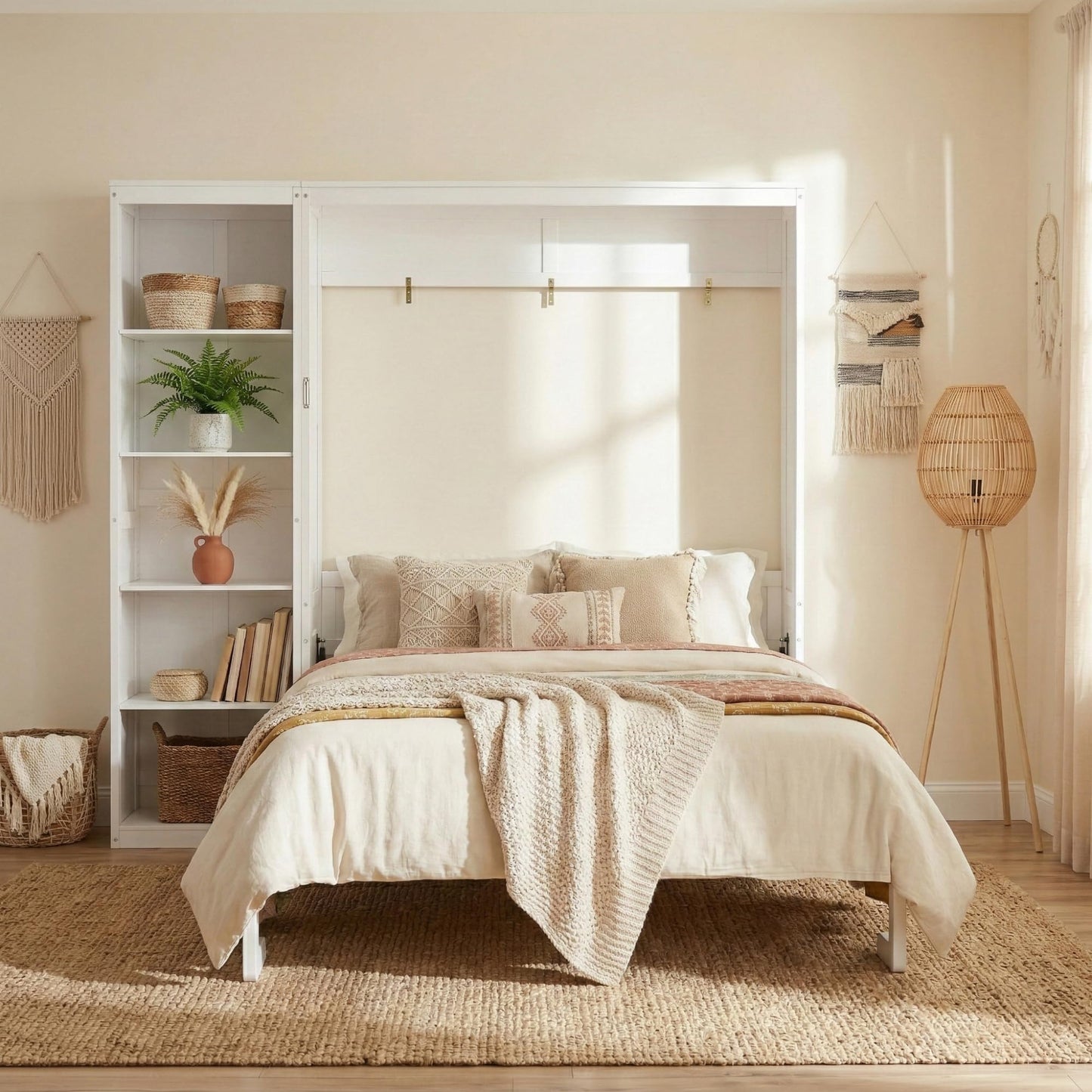 Merax Space-Saving White Murphy Bed Queen Size with Adjustable Storage Shelves, Multifunctional Foldable Wall Bed for Small Spaces Studio Study Office Guest Room