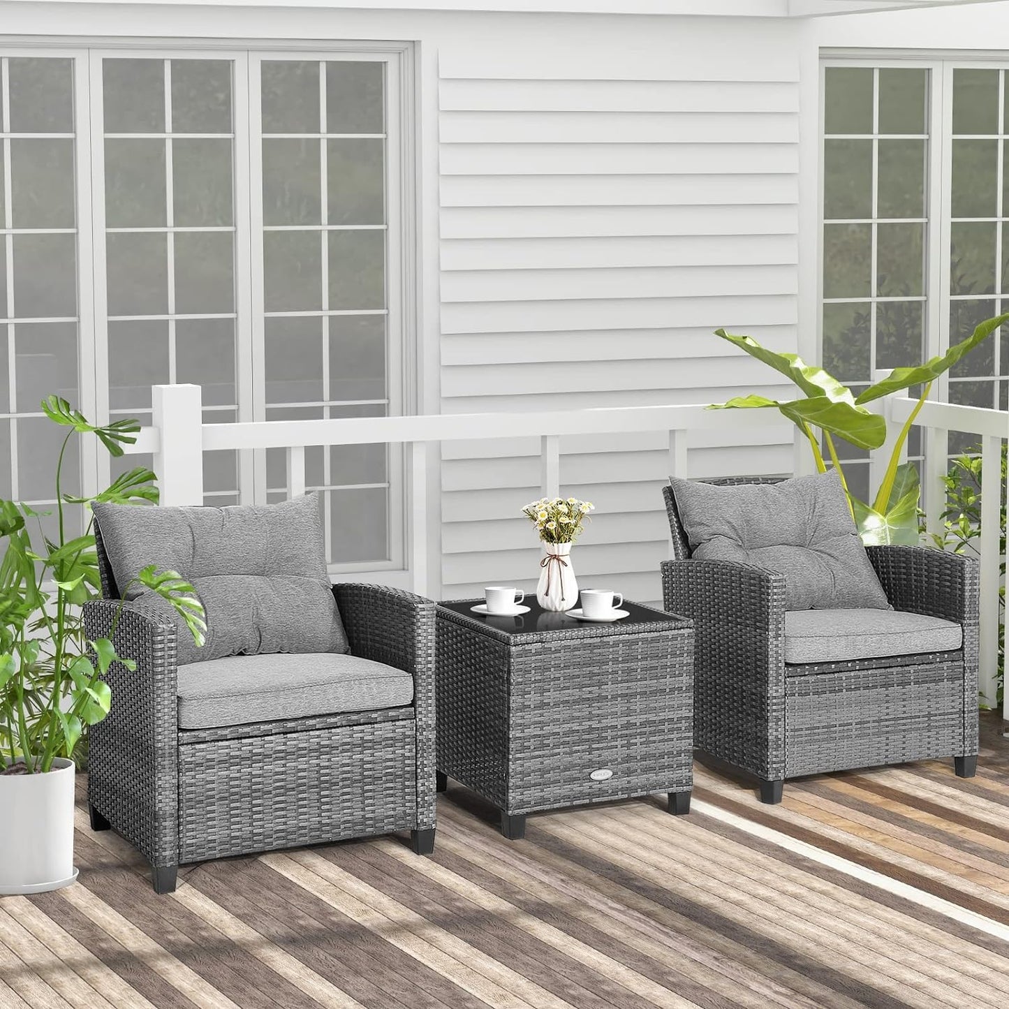 LDAILY Patio Furniture Set, 3 Pieces PE Rattan Wicker Patio Sofa Chairs with Washable Cushion & Glass Table, Outdoor Furniture Conversation Sets for Porch, Balcony, Garden, Poolside (Gray)