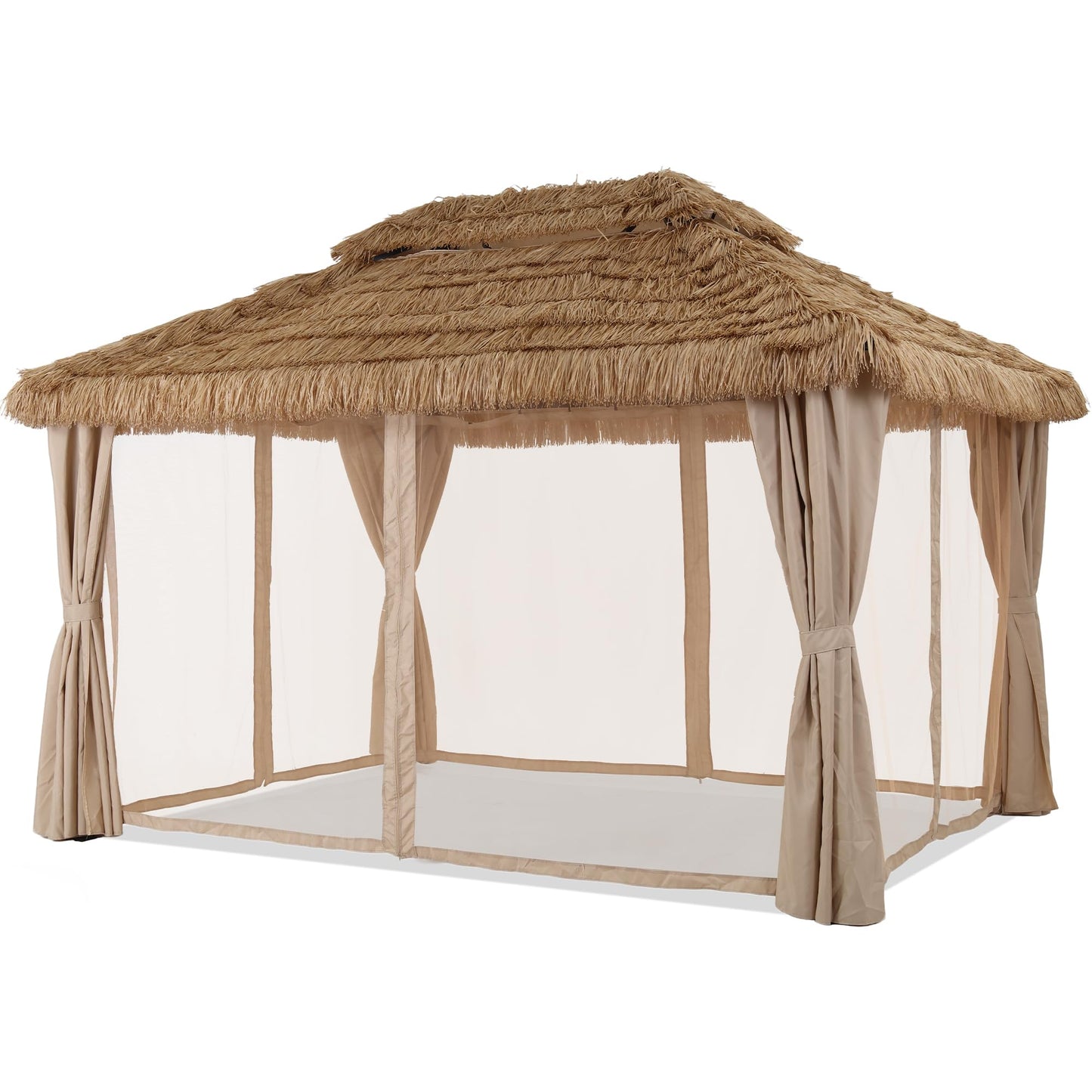 Saemoza 10 x 13 ft Thatched Gazebo Canopy, Double-Layer Ventilated Roof, Mesh Netting and Curtain Sidewalls, UV-Resistant, for Garden, Porch, Poolside, Khaki