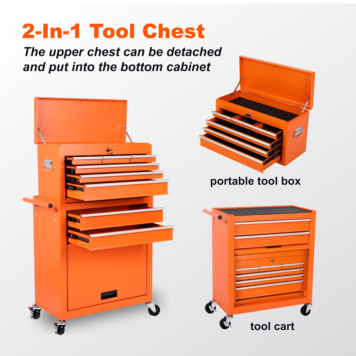 KEIKI 8-Drawer Rolling Tool Chest, Lockable 2 in 1 Detachable Top Tool Box with Drawers, Lockable Wheels, Side Hooks for Garage, Warehouse, Tool Room (Orange)