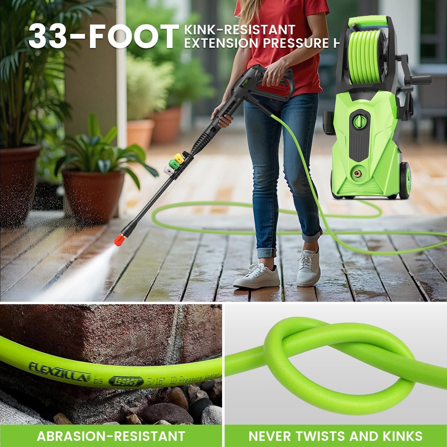 Commowner Pressure Washer 5001PSI Power Washers Powered with 33ft Pressure Hose, 4 Nozzle and Foam Cannon, powerwashers for Home, Cars, Fences, Patio, Green