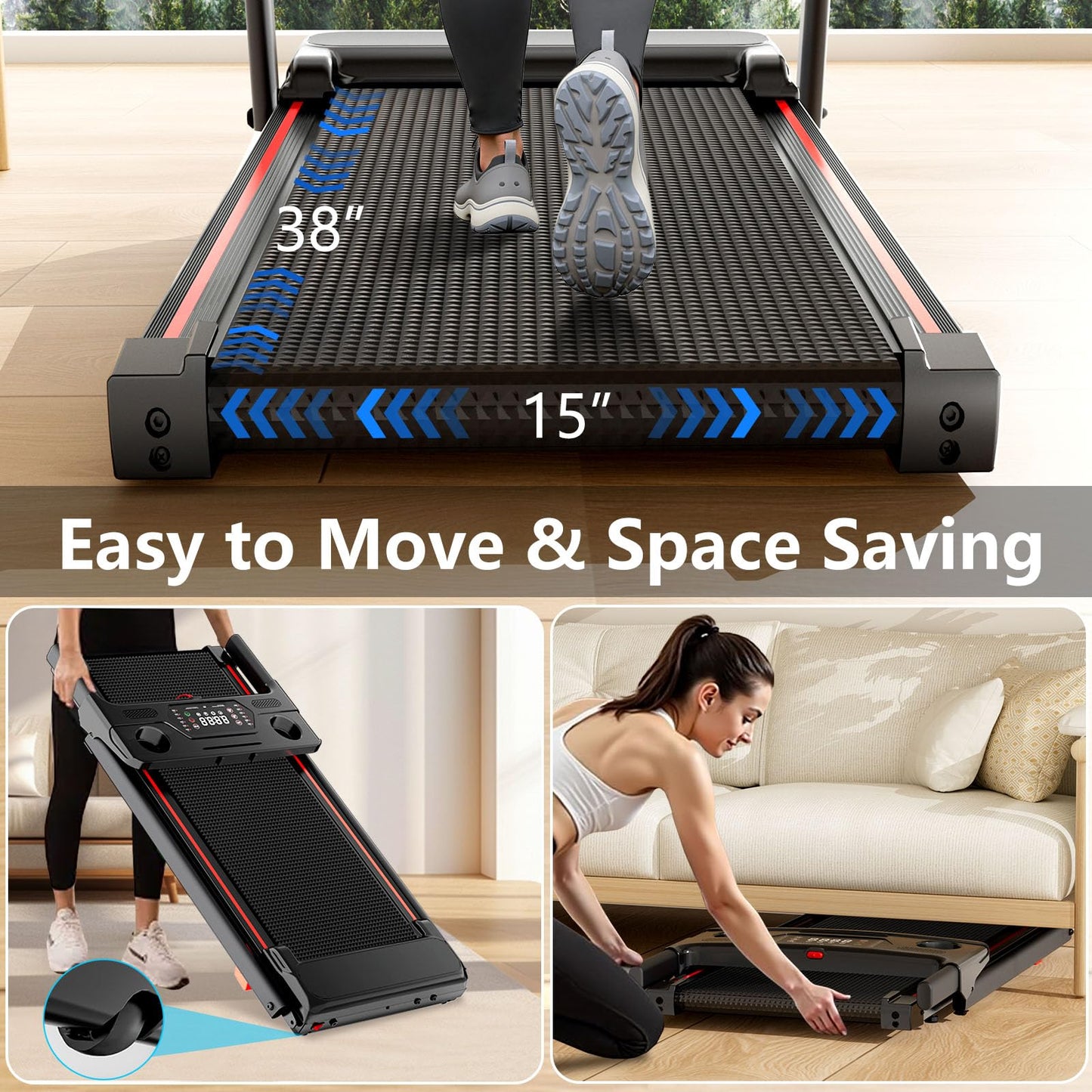 Treadmills for Home 3.0HP Quiet Foldable Treadmill with Incline, Portable Walking Pad with Handle Bar, Walking Pad Treadmill for Running and Jogging with 330 LBS Capacity