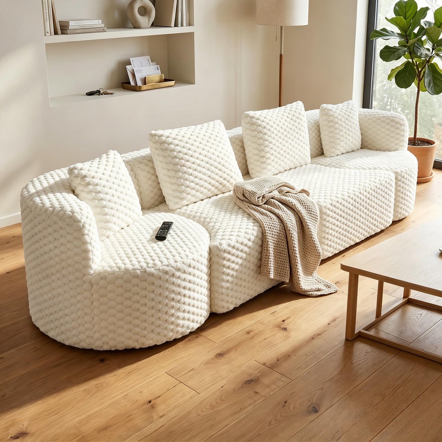 Merax 138" Curved Modular Sectional Sofa Set, Compressed 4 Seat Bubble-Velvet Boneless Sectional Couch Sofa with Deep Seat & Pillow, Comfy Cloud Soft Couches for Living Room, Easy Assembly, White
