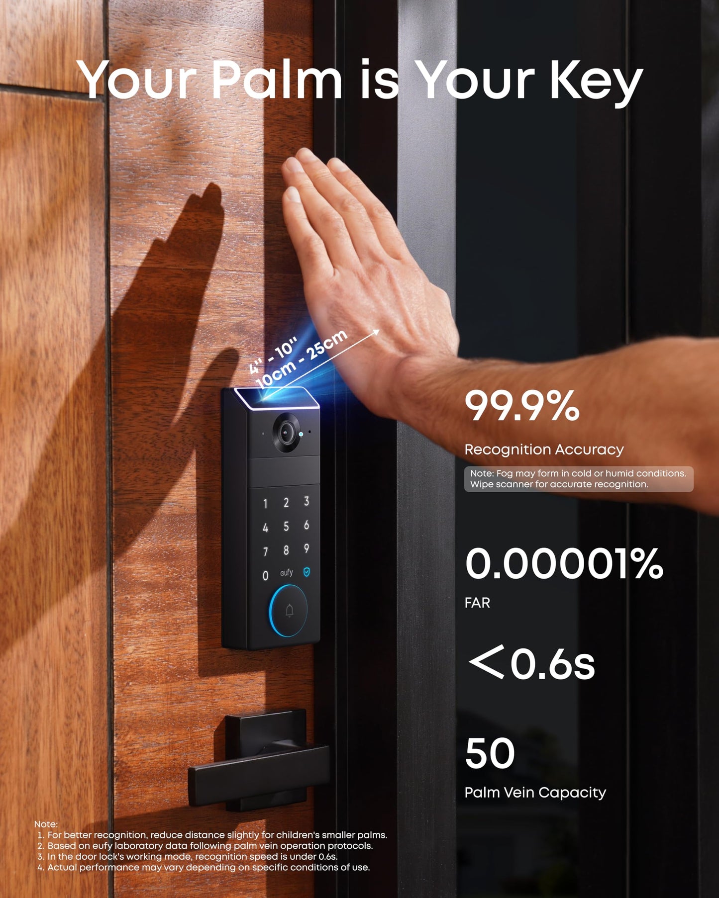eufy Security Smart Lock FamiLock S3 with Palm Vein Recognition, Keyless Entry Door Lock for Front Door, Wi-Fi Keypad Deadbolt+ 2K HDR Doorbell Camera, 16 GB Built‑in Storage, BHMA 1, No Monthly Fee